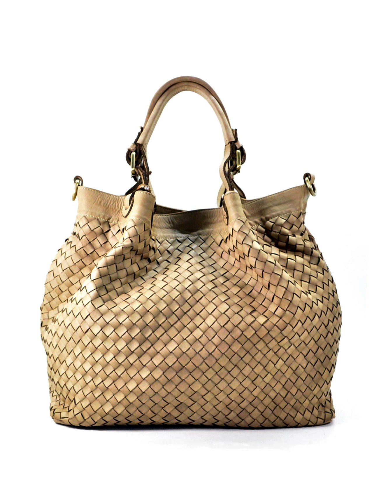 Handväska i flätat läder för damer, A4-stam beige-grå