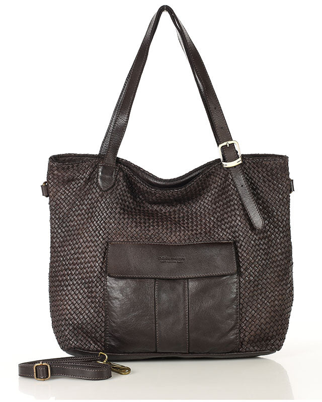 TOTE BRESCIA. Damska skórzana torebka shopper z plecionej skóry Kawowy