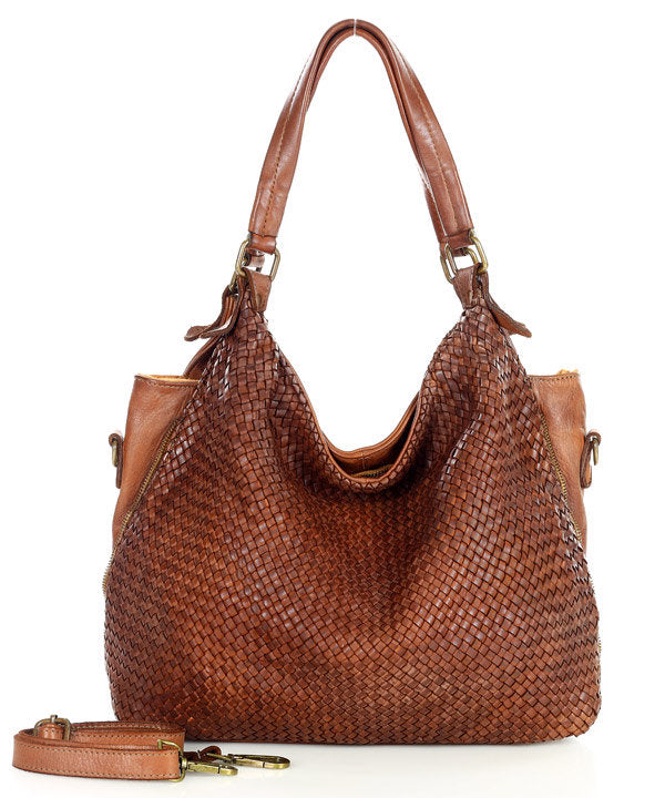 Caldoni Intrecciato ● Pleciona, skórzana torba na ramię shopper damska A4 XL. cognac