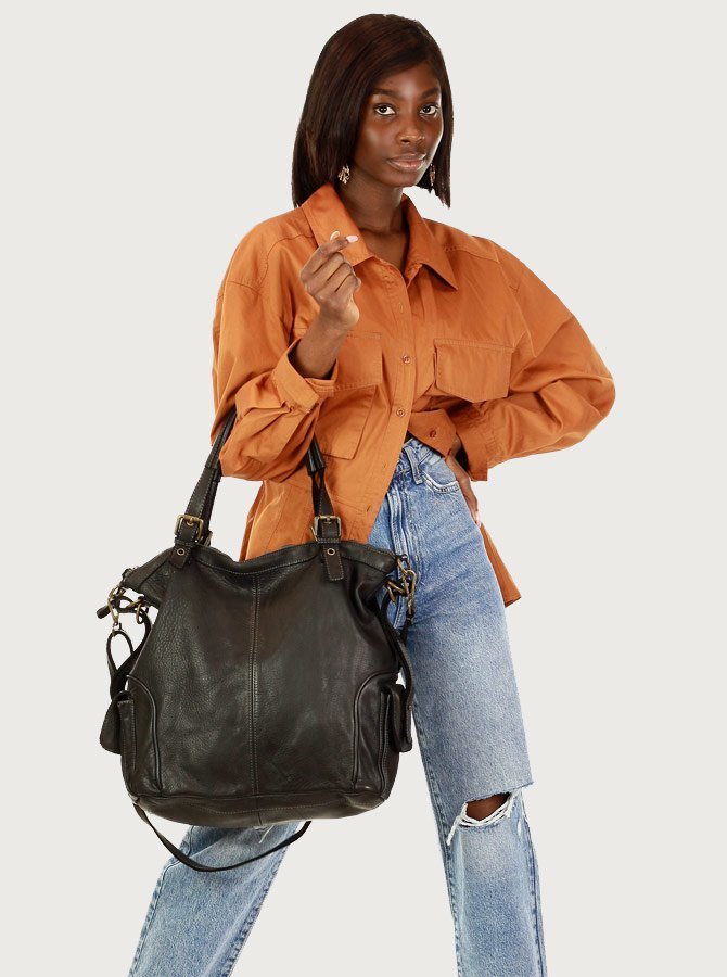 Cannole. Stor urban axelremsväska shopper läder dam A4 XL läder