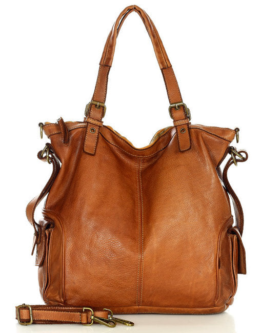 Cannole. Stor urban axelremsväska shopper läder dam A4 XL läder cognac