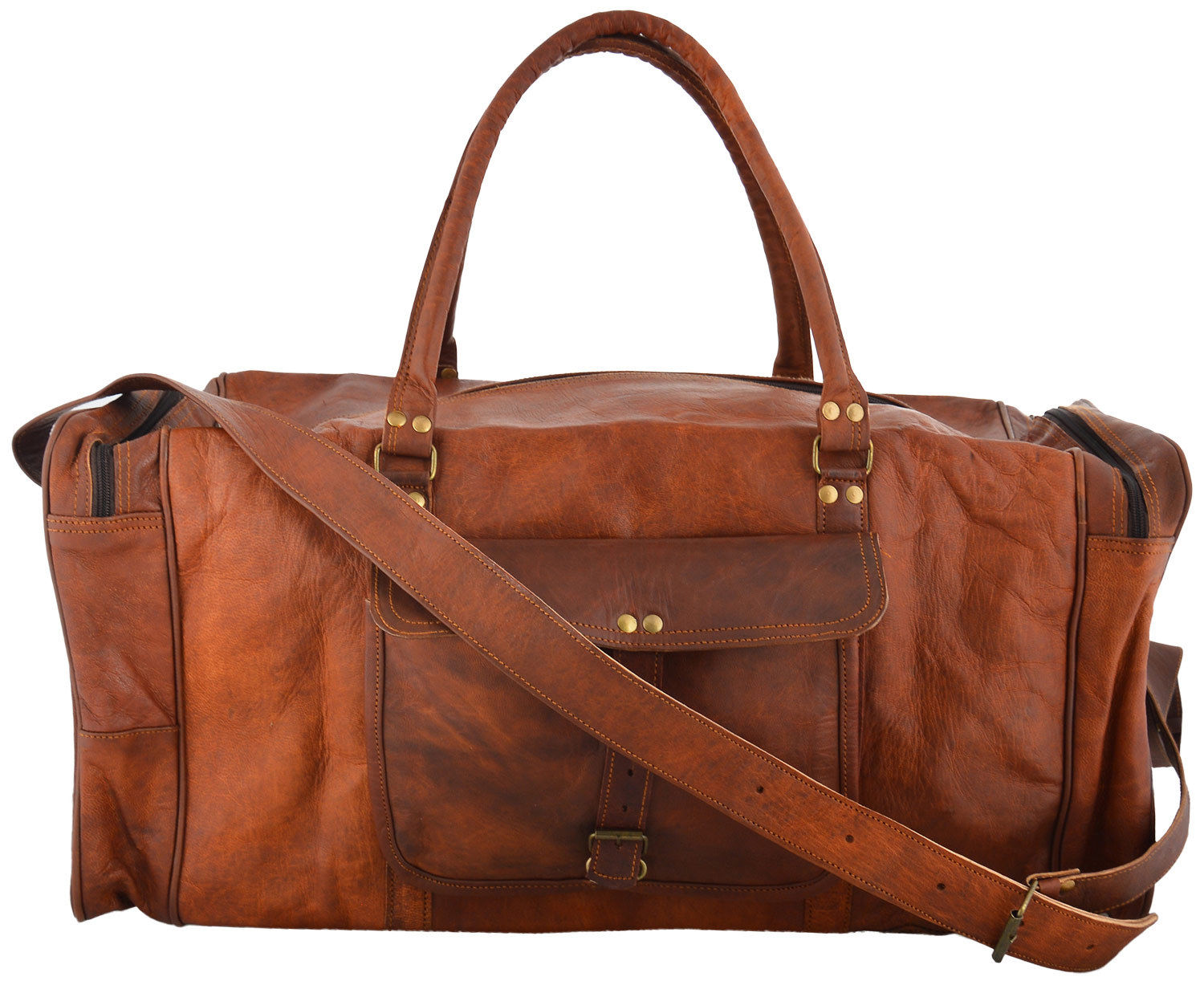 Stor resväska i läder weekendväska i brunt läder med rullade handtag