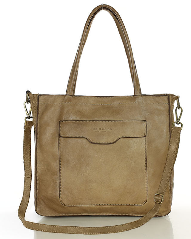 TOTE ROMA. Damska Torba na ramię - shopper bag z kieszeniami z włoska skóra naturalna beige-taupe