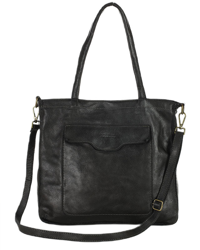 TOTE ROMA. Damska Torba na ramię - shopper bag z kieszeniami z włoska skóra naturalna czarny