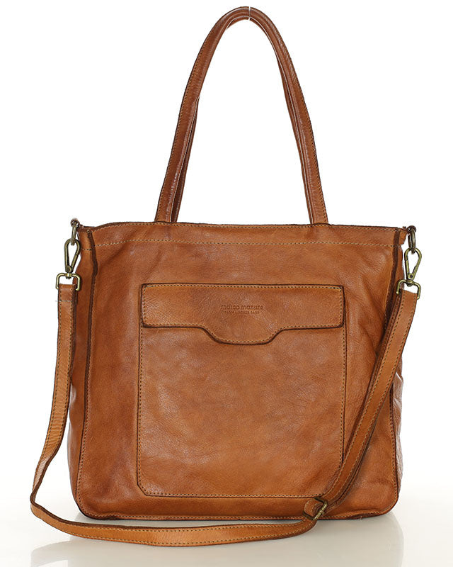 TOTE ROMA. Damska Torba na ramię - shopper bag z kieszeniami z włoska skóra naturalna cognac