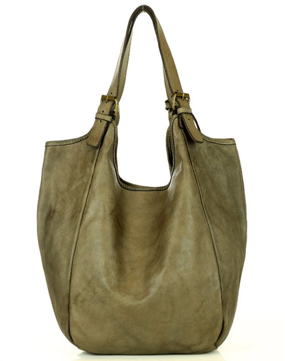 Vessa ● Stor läder axelväska Hobo stil shopper väska beige grå