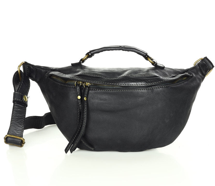 Torq2. Stor läder dam njurväska halvmåne crossbody med handtag svart